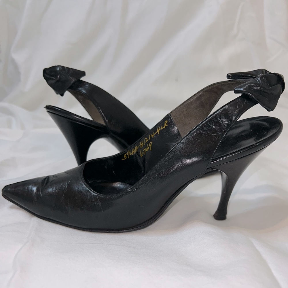Black Leather Sling Back With Bow Pump. Herbert Levine for Neiman Marcus